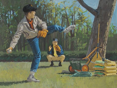 Gordon Johnson : Advertsement or calendar illustration: Taking a break from yard work for pitching practice