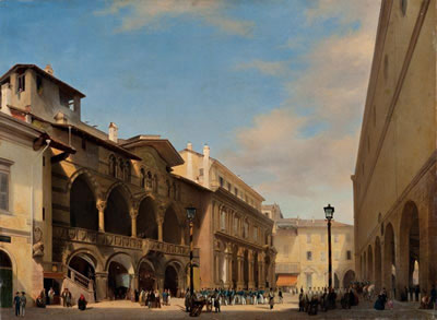 Luigi Bisi : 'Loggetta degli Osii e Scuole Palatine ('La piazza dei Mercanti in Milano'), 1840