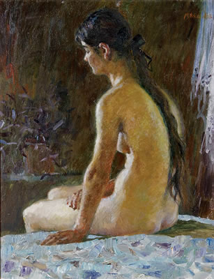 Nan Sheng Liu : Seated Nude with Long Brown Hair