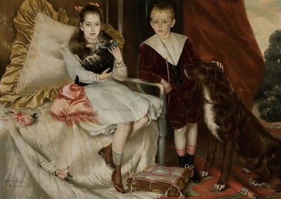 H Otto Ruger : Portrait of Brother and Sister with their Pets - circa 1900