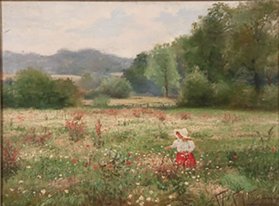 Alfred Armitage : Impressionistic Landscape with Young Girl in Bonnet Picking Flowers