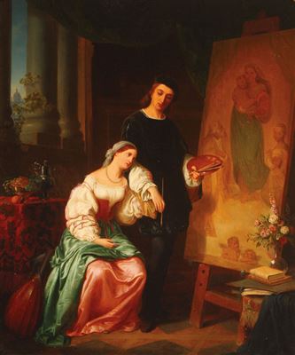 Heinrich Franz Gaudenz von Rustige : Raphael with the Donna Velata While Painting the Sistine Madonna-1848