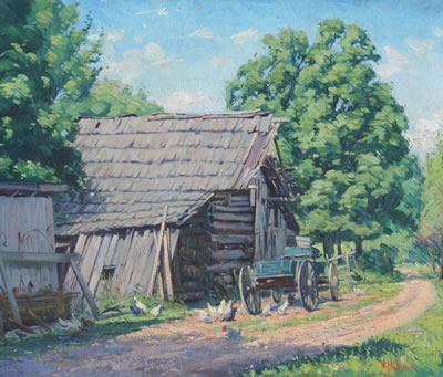 Varaldo Cariani : Brown County Barn, Wagon and Chickens