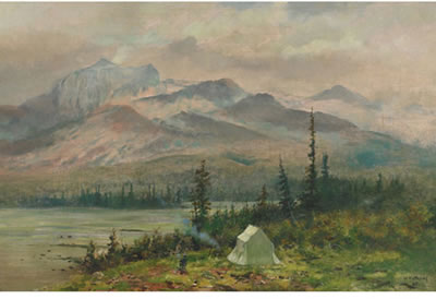 Marmaduke Matthews : A PAINTING CAMP IN THE ROCKIES, THE ARTIST AT HIS EASEL