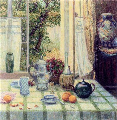 Fernand Verhaegen : Table fleuri devant la fenetre