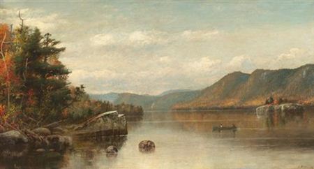 Jonathan Bradley Morse : HUDSON RIVER SCHOOL LANDSCAPE OF TWO MEN BOATING ON LAKE CHAMPLAIN, NY