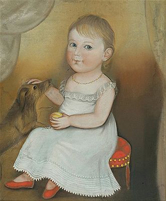 Deacon Robert Peckham : Portrait of a Young Child in a White Dress and Red Shoes with Peach and Dog