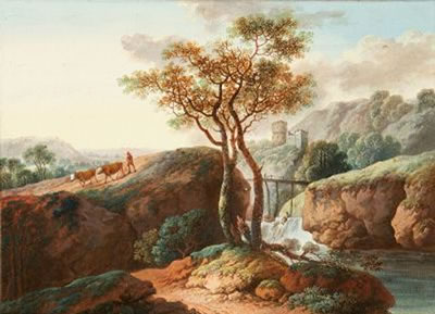 Johan Georg Wagner : 2 Bll.: Bergige Landschaft mit einem Mönch und einer Klause an einem Wildbach - Gebirgige Landschaft mit einem pflügenden Bauern und einer Burgruine im Hintergrund.