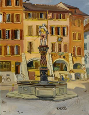 Octave Ulyssee Matthey : Pair of paintings: 'Fontaine dans la vieille ville de Bienne' [Fountain in the old town of Bienne].