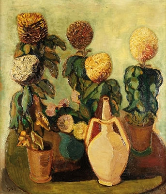 Erwin Hahs : Stillleben mit Chrysanthemen und Krug. 1937.