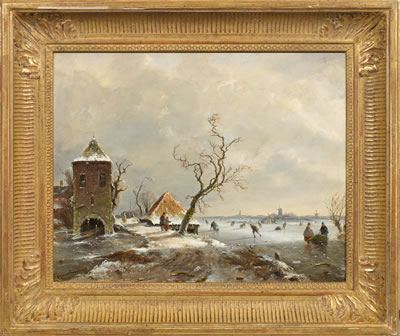 Johannes Franciscus Hoppenbrouwers : Holländische Winterlandschaft mit Schlittschuhläufern