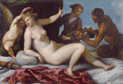 Jacopo Palma il Giovane : Venus crowned by Cupid while satyrs and a nymph hand them fruits