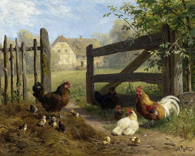 Friedrich Johann Voltz : Poultry and Rooster Before a Fence in the Meadow