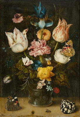 Ambrosius (AB) (The Elder) Bosschaert : Blumenstrauss mit Tulpen, Schwertlilie, Gartennelke, Ringelblume, Rosmarinblätter und anderen Blüten in einem Römer mit Schmetterlingen, Spitzschnecke und Fliege