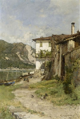 Eugenio Gignous : River landscape with houses