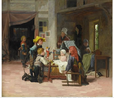 Antoine Edouard Joseph Moulinet : A sick girl is cheered up by her family (jeune fille malade). / Das kranke Mädchen wird von der Familie aufgeheitert (jeune fille malade).