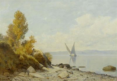 Nathanael Lemaitre : View of Lake Geneva with sailing boat.