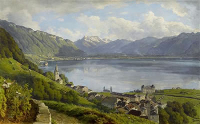 Alfred Chavannes : View from Montreux over Lake Geneva and Dents du Midi.