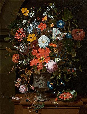 Jan Mortel : Large bouquet in a decorated bronze vase with a bramble spray, strawberries and insects