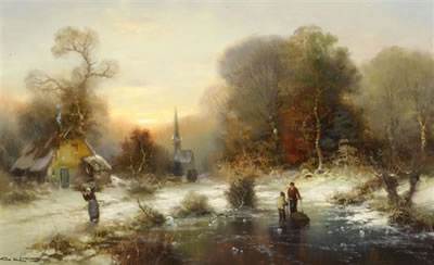 Gunter Konig : Winterlandschaft mit Personen auf einem geforenen Fluss.