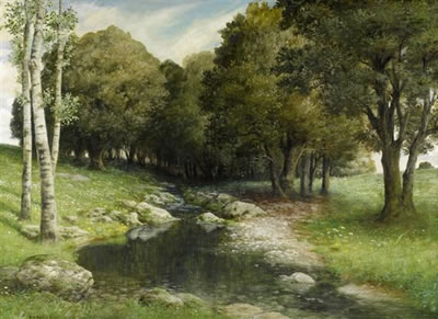 Jakob Herzog : Idyllic landscape with stream at the forest edge