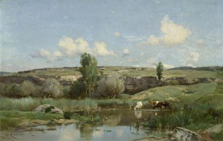 Henri Zuber : Cows at the water's edge, probably in Provence. 1881