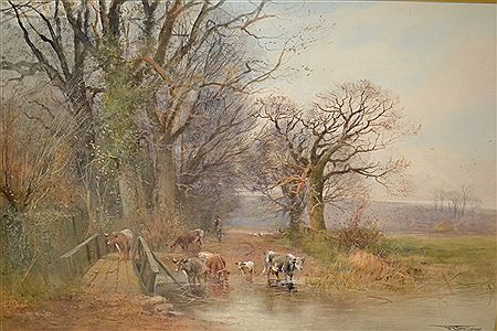 Henry Charles Fox : Rural scene with cattle by a river and bridge to the foreground, trees beyond