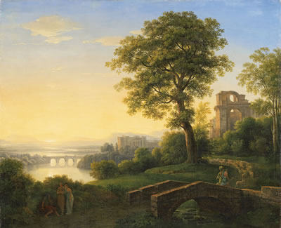 Johann Nepomuk Schodlberger : ARKADISCHE LANDSCHAFT MIT AUFZIEHENDEM GEWITTER ARKADISCHE LANDSCHAFT MIT SCHLOSS, RUINE UND BRÜCKEN; a pair (2)