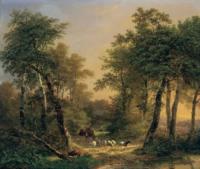 Pierre Hellemans : BEWALDETE LANDSCHAFT MIT HIRTEN UND SCHAFHERDE