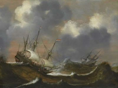 Claes Claesz Wou : BATTLE SHIPS IN A STORMY SEA