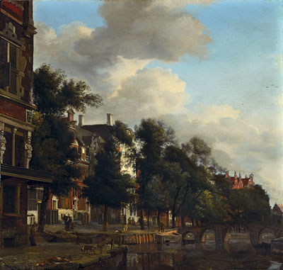 Jan Van Der Heyden : VIEW OF A GRACHT IN AMSTERDAM