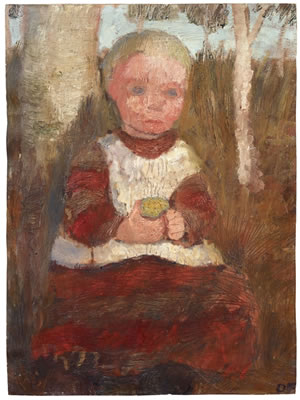 Paula (Modersohn) Becker : SITZENDES KIND AN EINER BIRKE: KIND MIT FRUCHT (CHILD SITTING NEXT TO BIRCH TREE: CHILD WITH FRUIT). VERSO: BAUERNMÄDCHEN AM HANG VOR WOLKIGEM HIMMEL (PEASANT GIRL ON HILLSIDE AGAINST CLOUDY SKY)