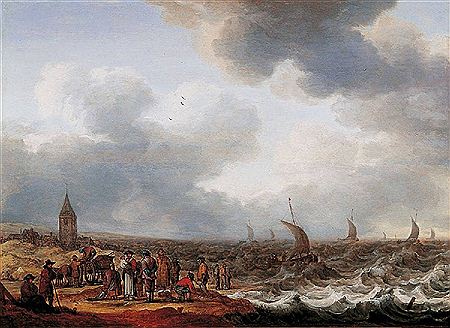 Cornelis Leonardsz Stooter : COASTAL LANDSCAPE WITH FISHMONGERS AND STORMY SEA