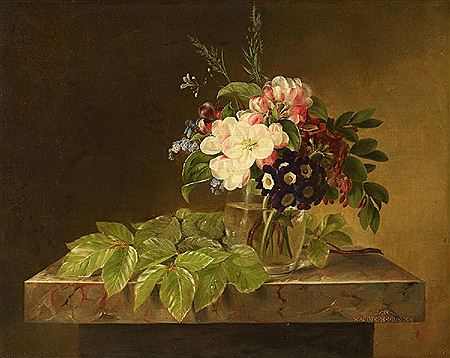 Hanne Hellesen : FLOWERS IN A GLASS VASE ON A MARBLE TABLE