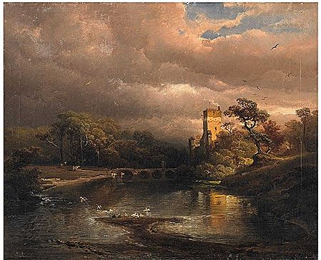 Caspar Johann Nepomuk Scheuren : A RIVER LANDSCAPE WITH A CASTLE AND BRIDGE