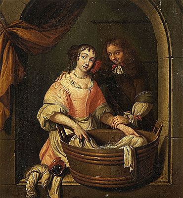 Reynier De La Haye : A YOUNG COUPLE BY A WASHING TROUGH