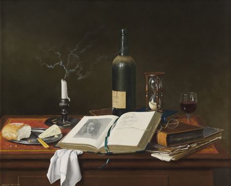 Dennis Ramsay : Still Life - Books, glass and other items on a leather top desk, 1995