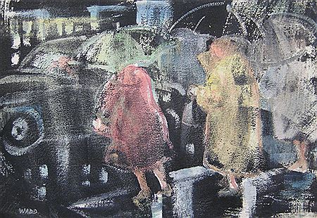 John Waddingham : 'Rain, Oregon', people with umbrellas on a rainy street