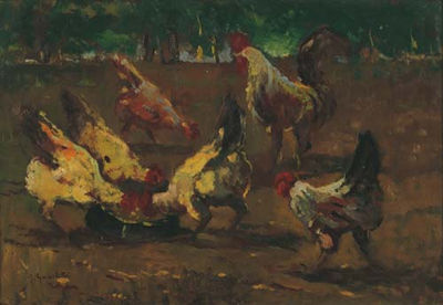 Giovanni Guarlotti : Galline nell'aia