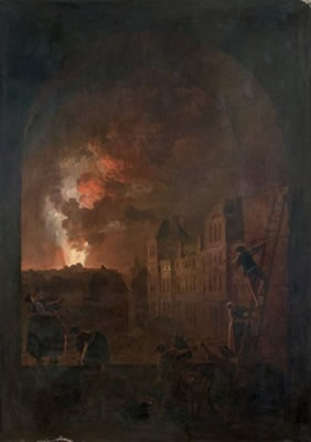 Hubert Robert : L'incendie de l'Opéra vue d'une croisée de l'Académie de peinture, place du Louvre