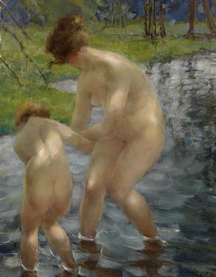 Vitaly Gavrilovich Tikhov : Bathing Mother and Child