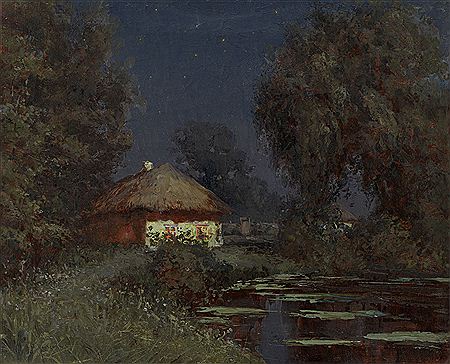 Feodor Petrovich Riznischenko : Ukrainian Hut near a Pond at Night