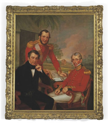 James Leakey : Triple portrait of Colonel Sir James Jackson, Major George Lee and Major General Brice Wakeford Lee, at a desk in a landscape with a map and a letter, an elephant beyond