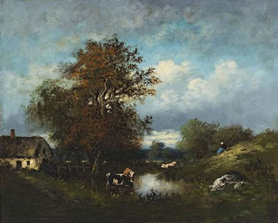 Adrien Rousseau : Cows drinking from a wtering hole in the forest of Fontainebleau