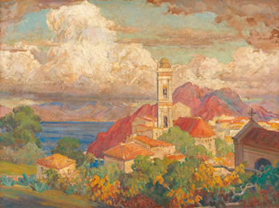 Charles Canniccioni : Vue du village de Piana et du clocher de l'église Sainte Marie en Corse