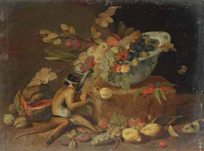 Jan van Kessel III : Nature morte aux fruits, coupe blanche et bleue et singe