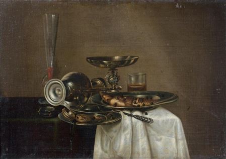 Cornelis Mahu : Nature morte au pichet, sel et pâté and Nature morte au verre de vin et assiette de poisson (2)