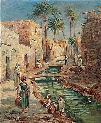 Louis Maisonneuve : VILLAGEOIS AU BORD D'UN OUED PEASANTS NEAR A WADI