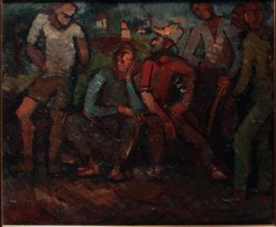 Arieh (Leo) Lubin : Double sided painting- Workers (recto) and Abstract (verso)