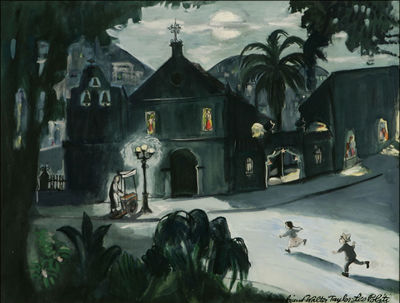 Leo Politi : Church in Los Angeles, with children playing